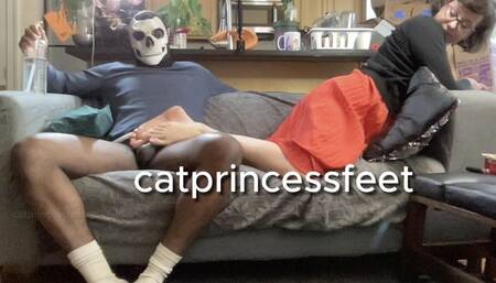 Stroked him in reverse and watched, Marathon5 orgasm 6 of 8, Cat Princess milf feet on BBC toejob, facing, full figure pov