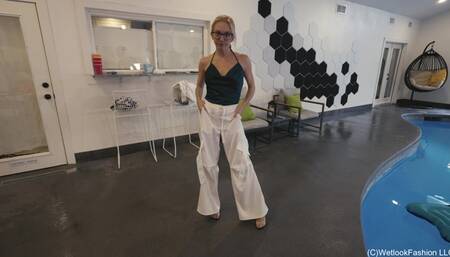 Hannah Swims wearing Fancy White Pants and Green Top