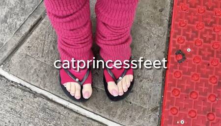 Slow motion walking in the rain, legwarmers, toe socks, flip flops tease, Hungarian size 9 milf feet