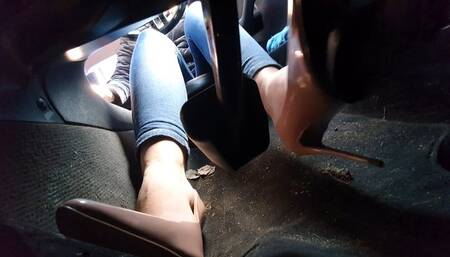 Driving BMW e46 in Nude Stiletto Heels Under Pedal