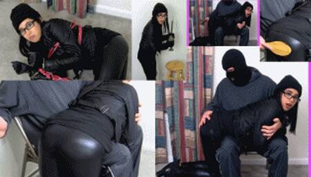 Leather clad Art thief eRica gets caught stealing artwork & gets tied up, cuffed, spanked & paddled otk