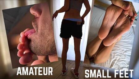 Very familiar scene when stepdaughter shows me new sneakers and then handle my cock with her small feet