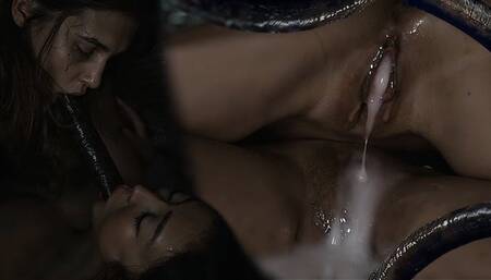Alien monster Ellie and Emiri fuck and creampie each other