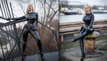 Katya walking outdoors in leather catsuit