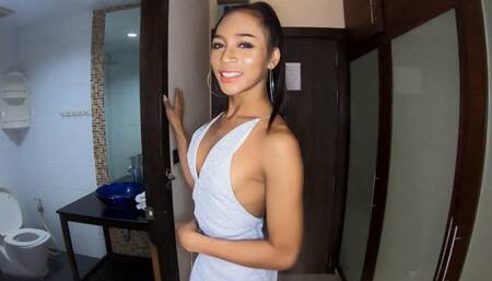 Tanned ladyboy beauty Aemy shower blowjob and anal cock riding bareback