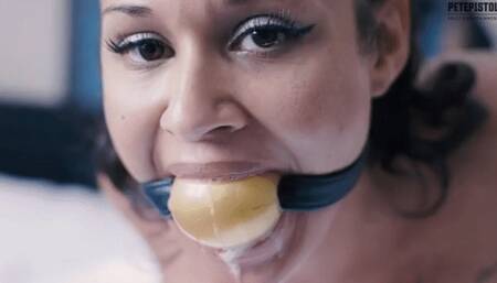 Calissa Bliss Hog cuffed with pantyhose and a huge ball gag with gag talk massive drool mobile 720p