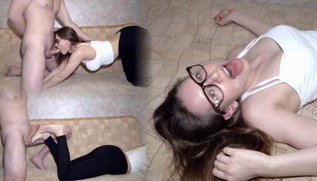 Sexy Step Sister in Tight Black Jeans Gives Sensual Blowjob, Rimjob and Gentle Footjob