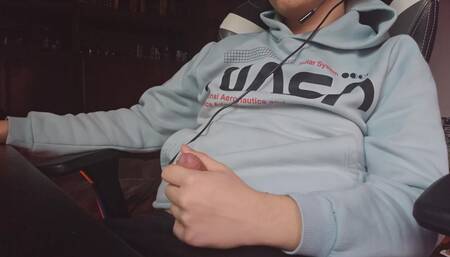 Horny Gamer Boy Cums on His Belly and Licks It