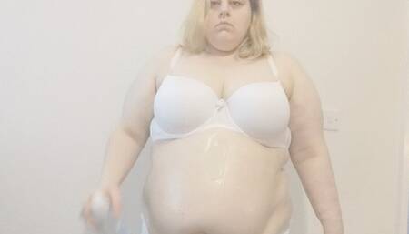 Part I - spitting on my belly as I dildo fuck it