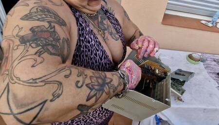 Old music cassete smashed feats of strength challange muscle mature fbb big muscles smash break objects big biceos muscle back pecs