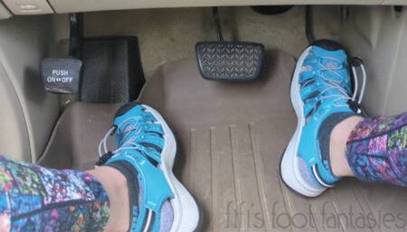 Fifi pedal pumping in public wearing Keens with Puma socks and leggings