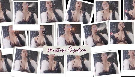 description : smoking cork in latex gloves, see thru bra and fur coat