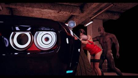 Black cop uses Lara Croft's pussy and mouth in parking garage