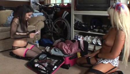 Girls play with him using their feet