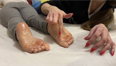 FOOT TICKLE MASSAGE FOR HER OILY SOLES WITH LONG RED NAILS - MOV Mobile Version