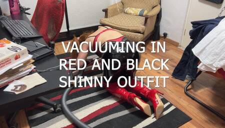 MISTRESS VACUUMING IN RED AND BLACK SHINNY LEATHER