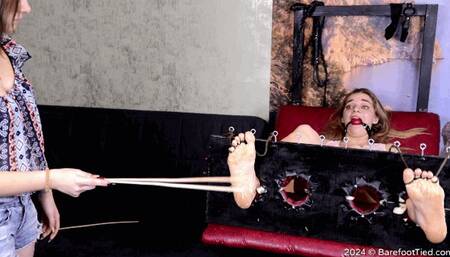 Bastinado and hot wax punishment of the wonderful Margarita's stocked feet from cruel mistress Lyana (Part 5 of 6)