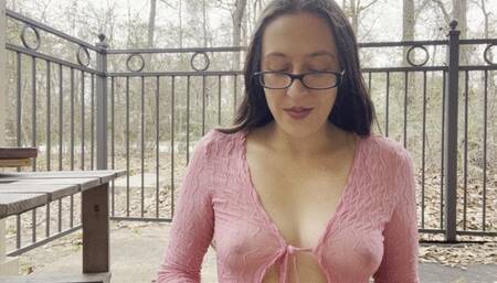 Sexy Goddess D Smoking Marlboro Light Outside in See Through Pink Top