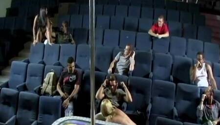 Gorgeous white blonde skank with red garter belt takes a dick in all her holes