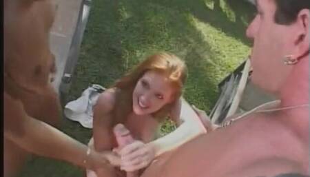 Redhead slut and Asian brunette anally fucked in hardcore threesome outdoors