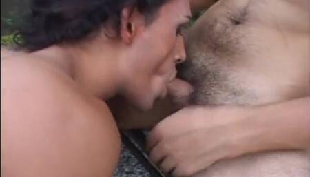 Twink gets his ass fucked by shemale then cums on tits