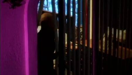 Bald dude makes free show watching young babe changing lingerie and caressing her pussy