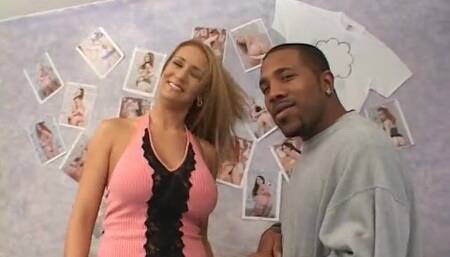 Blonde hottie gives a black guy a hot blowjob