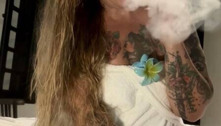 After showering, wet hair, applying body lotion and smoking a chain of two red Marlboros in the hotel room - Deep Inhales, Dangling, Multiple pumps, Puffs, Smoke rings, Nose exhales, Coughing, Long red nails, no makeup