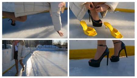 PREMIERE: Emily walks on sexy high heels on very slippery ice and fells very painfully