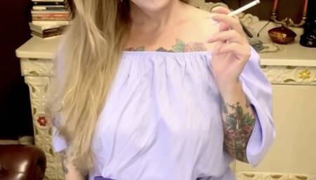 Winston 100s - Deep Inhales, Nose exhales, Multiple pumps, Smoke rings, Crush, Lilac linen, Leather loafer, Long hair, Long nails, Pink lipstick