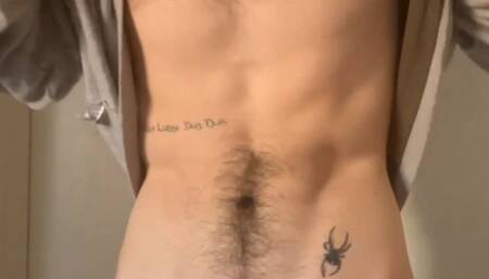 Hairy skinny guy standing cumming hard