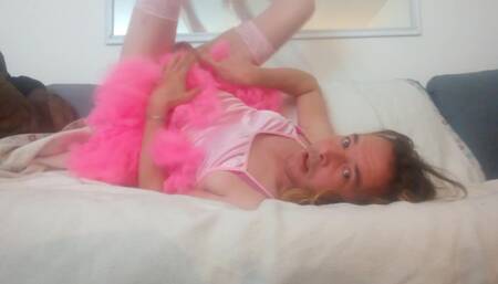 Leatransteen in a Pink Satin Skirt Cum in Own Mouth
