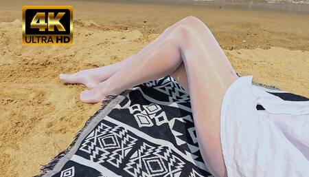 838 Shiny White Pantyhose on the Beach