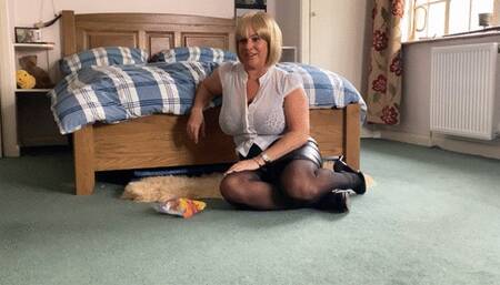 Balloons in bedroom, in sexy pvc office uniform