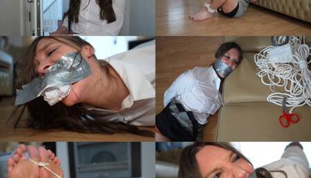 Secretary Claire toe hogtied and tightly tape gagged (mp4)