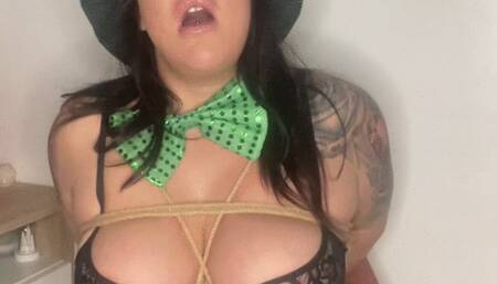 Sneaky Leprechaun gets tied up, ballgagged and wanded to orgasm