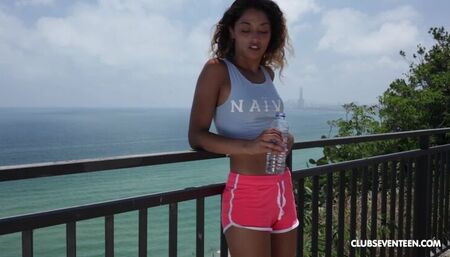 Latina teen rubs her pussy outdoors