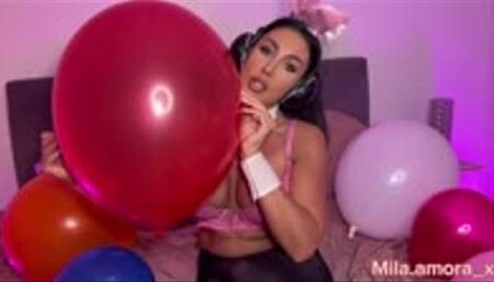 Easter bunny pops over for balloon orgasm