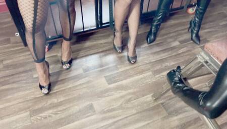 Latex Gimp gets banged by three Dommes