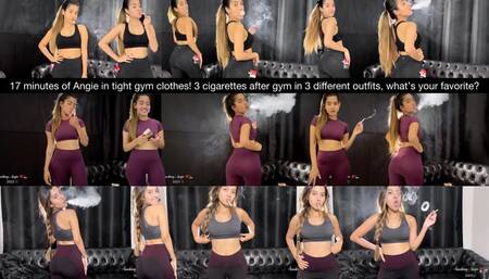 17 minutes of Angie in tight gym clothes! 3 cigarettes after gym in 3 different outfits, what’s your favorite?