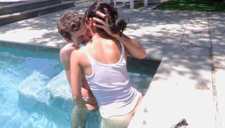 Brunette stud sucks his cock and takes him indoors for a wild ride