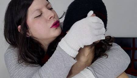 Breath play with wool gloves