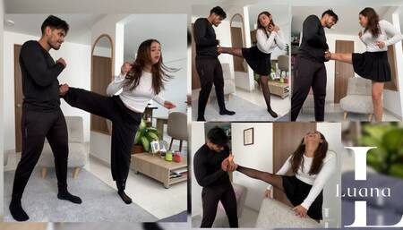 Luana Kicks her Thief But He always Catches her Leg (Pantyhose, Skirt, 1 leg Hopping, Tickles, POV)