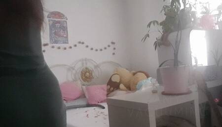 Vacuuming in nylons my bed full of items