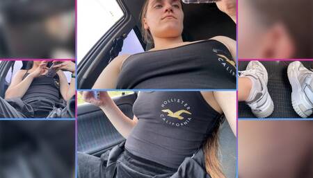 Lonely Girl Breathes Deeply in Car in Parking Lot - Pedals pumping - Sneakers - Belly fetish - Breath play - Girl driver - Voyeur - Tits - Face fetish - Foot fetish - Bloating - Belly inflation
