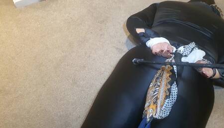 Black Satin Blouse and Shiny Leggings Bondage