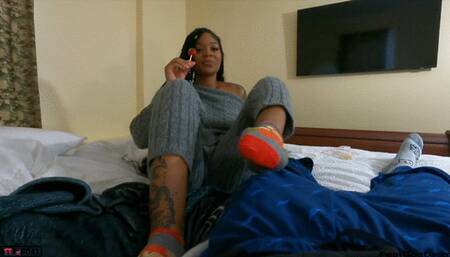 Sugar Soles epic sockjob, topless footjob, reverse footjob, the pose handjob, foot fucking, and a huge cum on soles load!