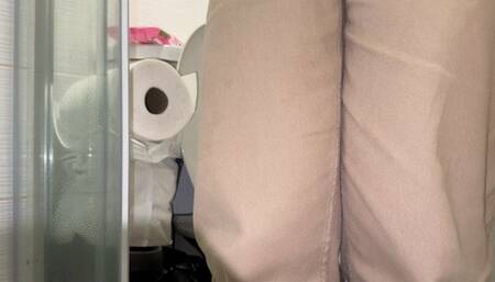 Peeing at home in beige panties and squeezing it