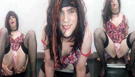 Pretty Crossdresser Fucking Black Dildo in Sexy Dress