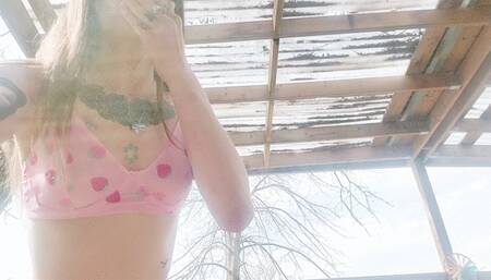 Smoking Outside In Strawberry Print Lingerie